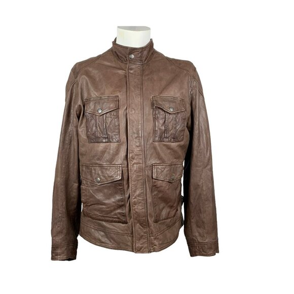 LUCKY BRAND Black Label Brown Leather Jacket Zip Cuffs Snap Placket - Picture 1 of 13